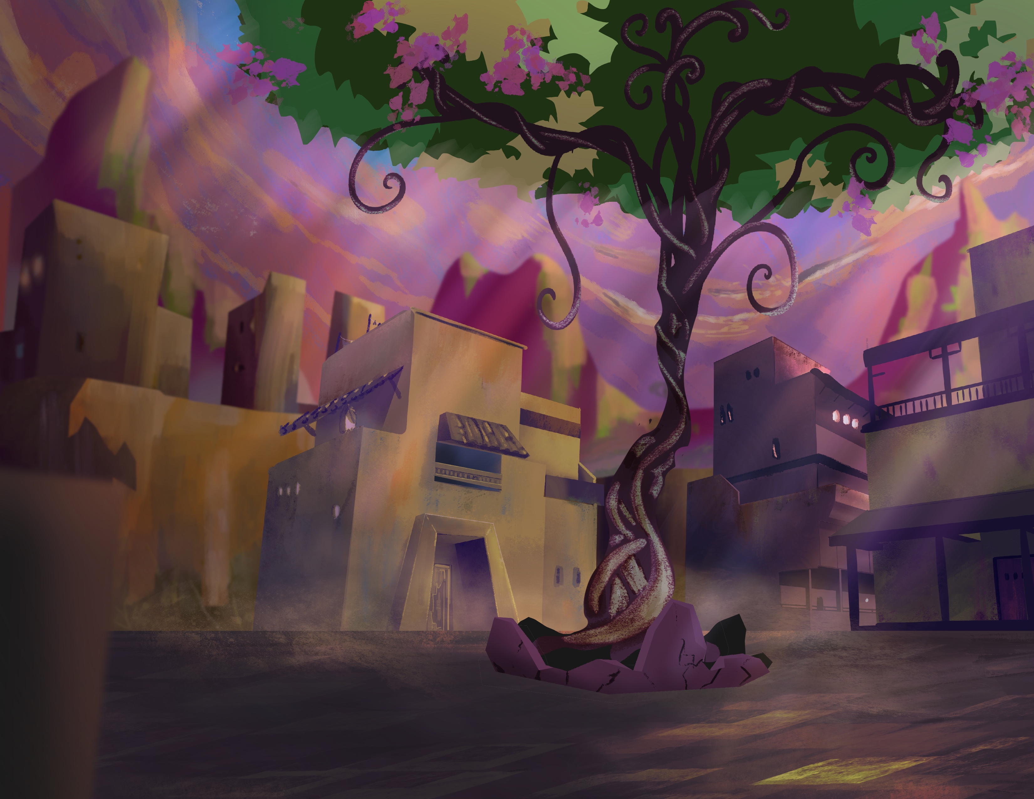 a fantasy desert town square with a bouganville tree at the center