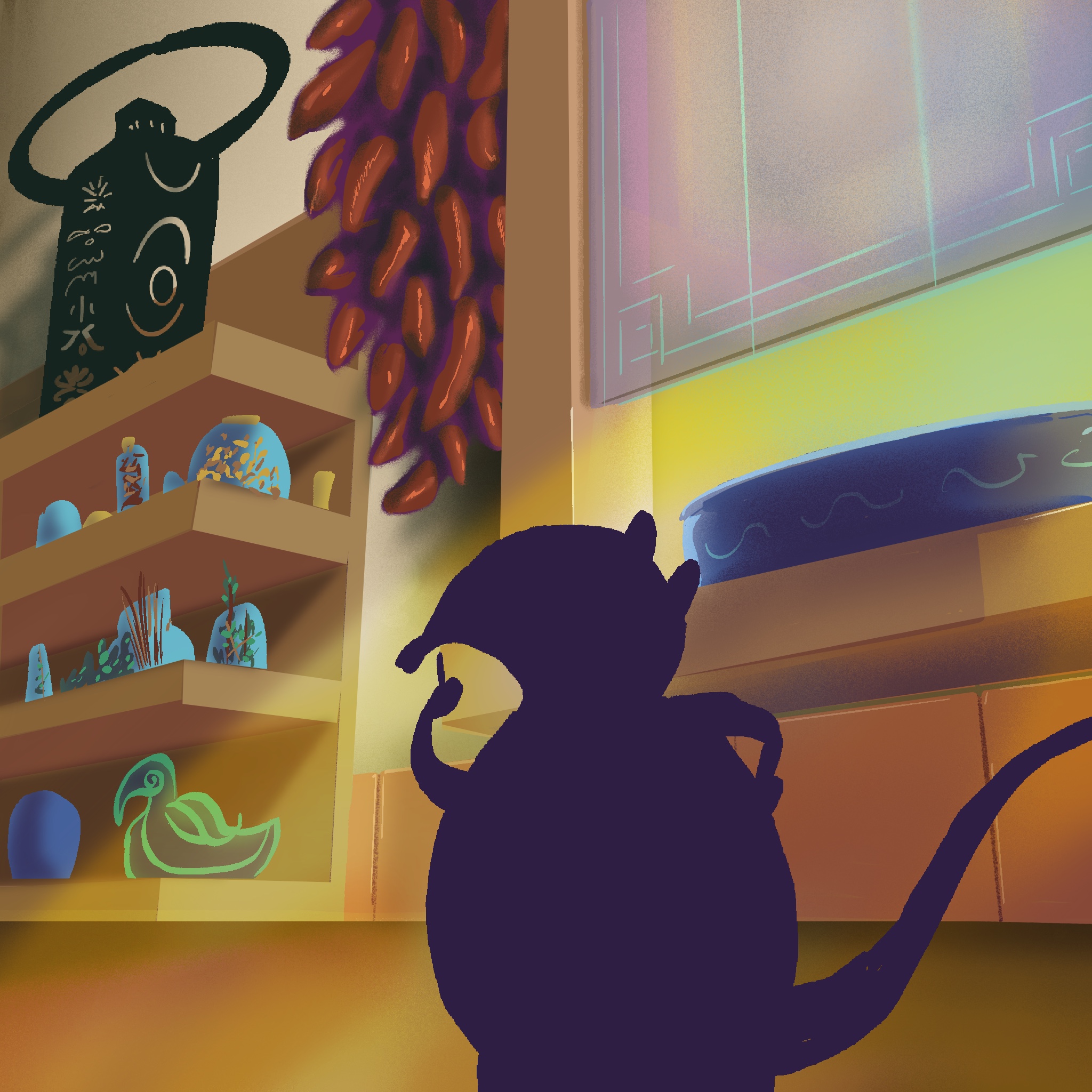 A digital illustration of a mouse silhouetted on a colorful kitchen counter.